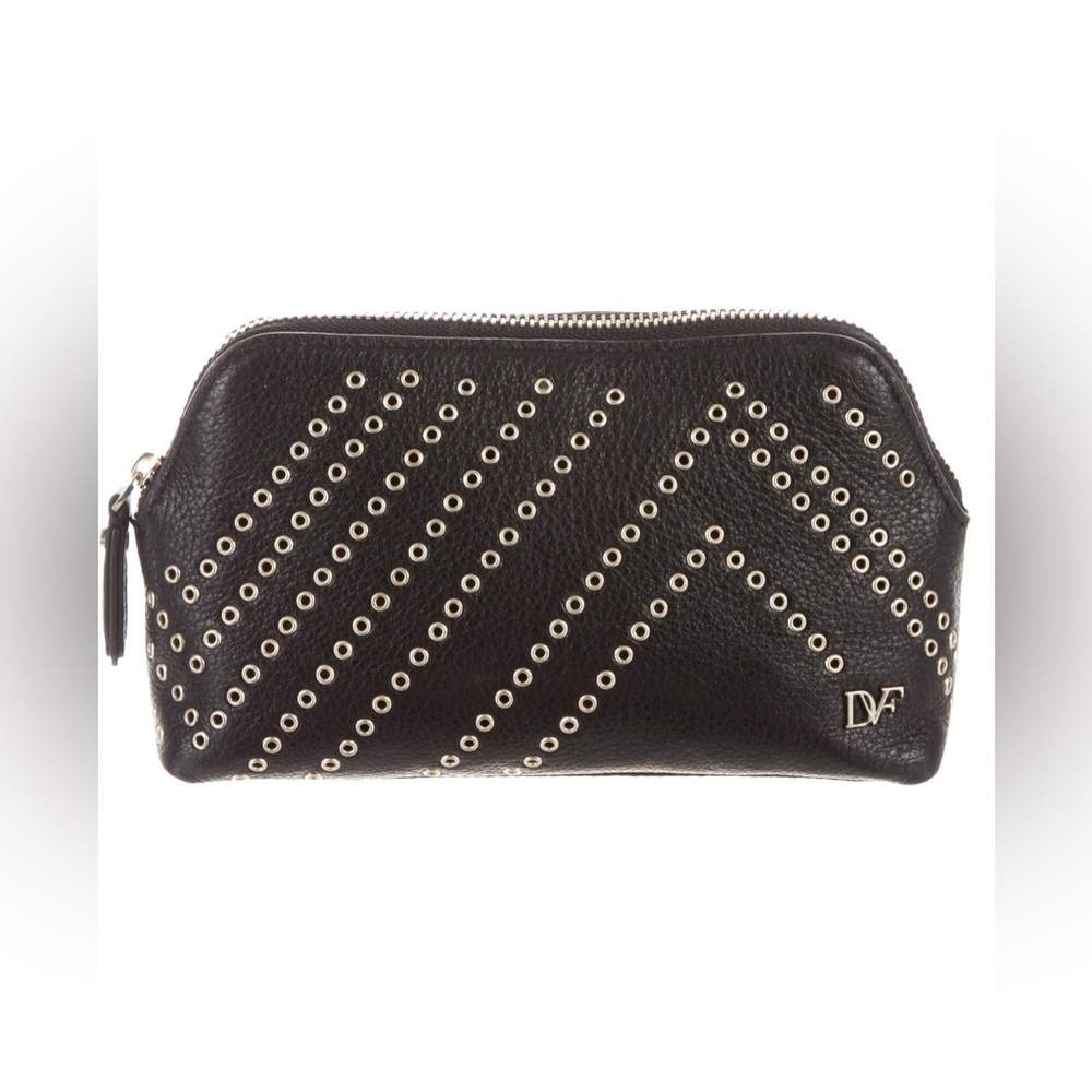 Diane von Furstenberg Grommet cosmetic bag. Black leather with goldtone hardware